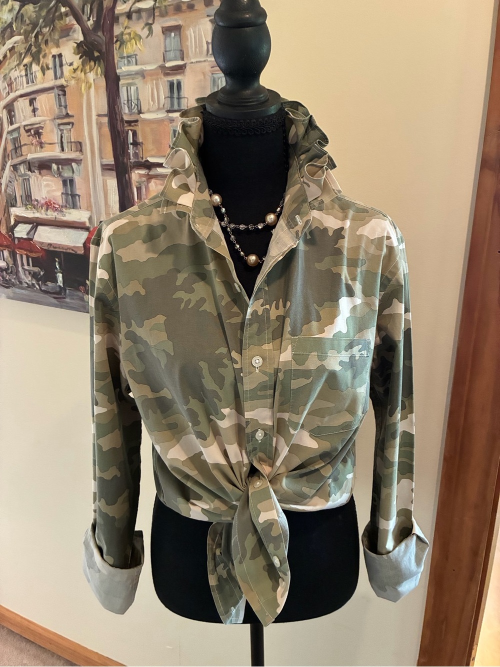 J. Crew Green Camouflage Tie-Front Button-Down Shirt